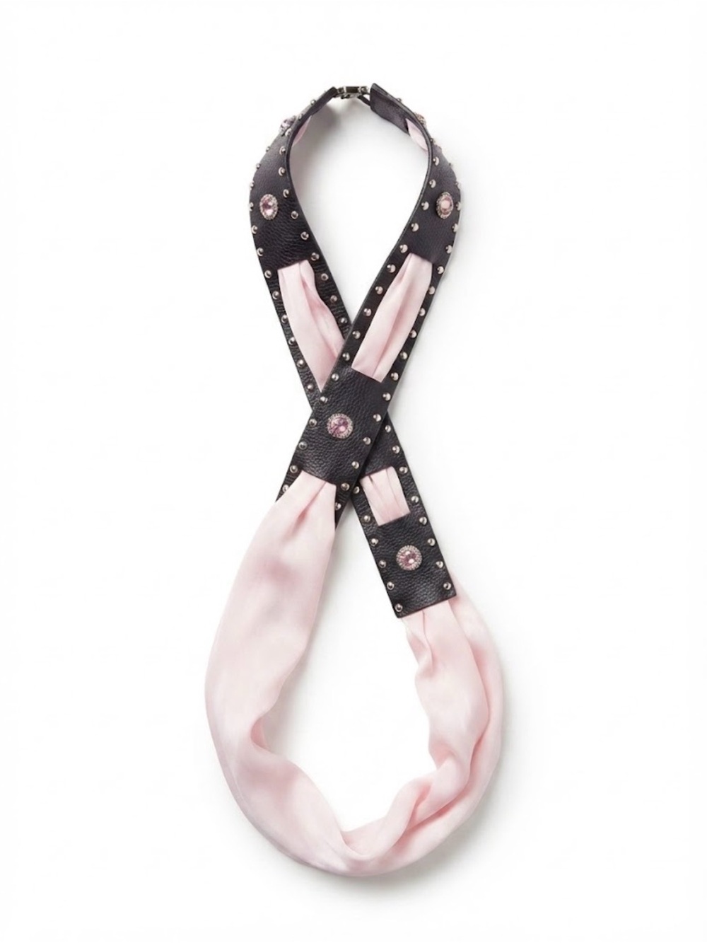 Bebe Black Leather Studded Belt with Light Pink Satin Detail and rhinestones